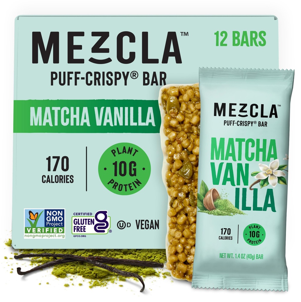 Mezcla Puff Crispy Protein Bares, Gluten Gratis &amp; Vegan Protein Bares, 10g Protein, Alt for Crispy Rice Treat, Granola Bares &amp; Breakfast Bares, Snacks saludables para adultos, Matcha Vanilla, 12 Pack