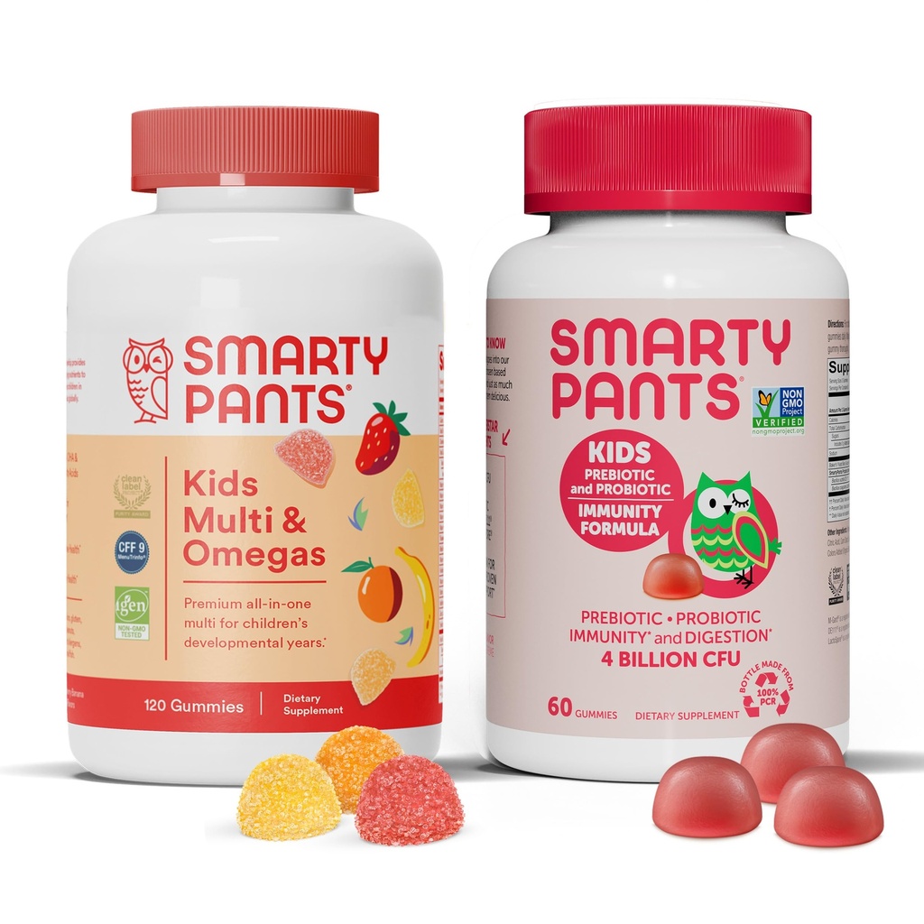 SmartyPants Kids Multivitamin Gummies and Probiotic Immunity Bundle: Omega 3 Fish Oil (EPA/DHA), Vitamina D3, C, Vitamina B12, B6, Digestive &amp; Immune Support Supplement (30 Day Supply)