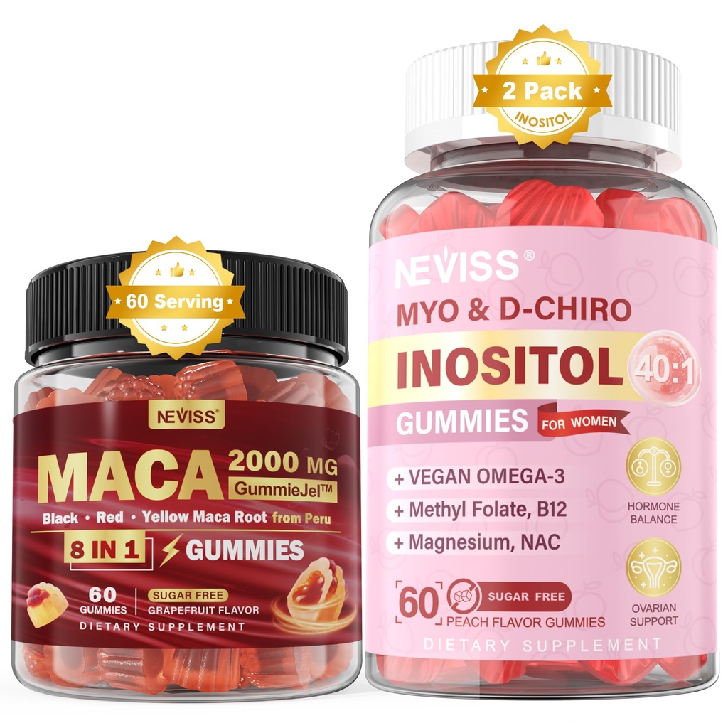 NEVISS Sugar Gratis 1Pack Maca Root Mangas llenas &amp; 2Pack Myo-Inositol &amp; D-Chiro Inositol Gummies