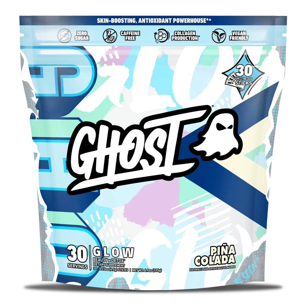 GHOST Glow Sticks: Beauty and Detox Supplement - 30 On-The-Go Stick Packs, Pina Colada - Hyaluronic Acid, Biotin &amp; L-Theanine for Skin-Boosting Support – Sugar Free, Gluten Free