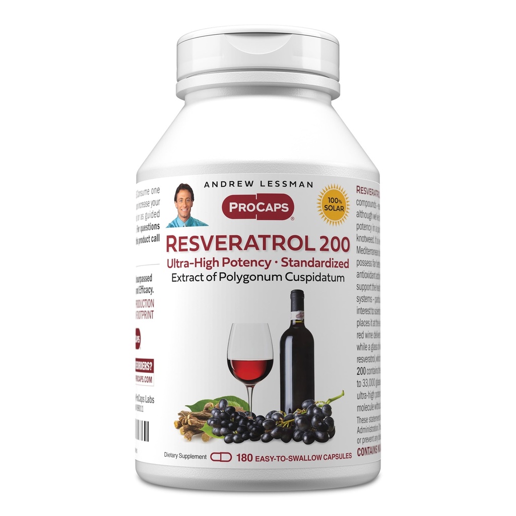 ANDREW LESSMAN Resveratrol-200mg - 180 Capsules - Red Wine's Beneficial, Naturally Occurring Anti-oxidant, Sin alcohol. Aditivos Gratis