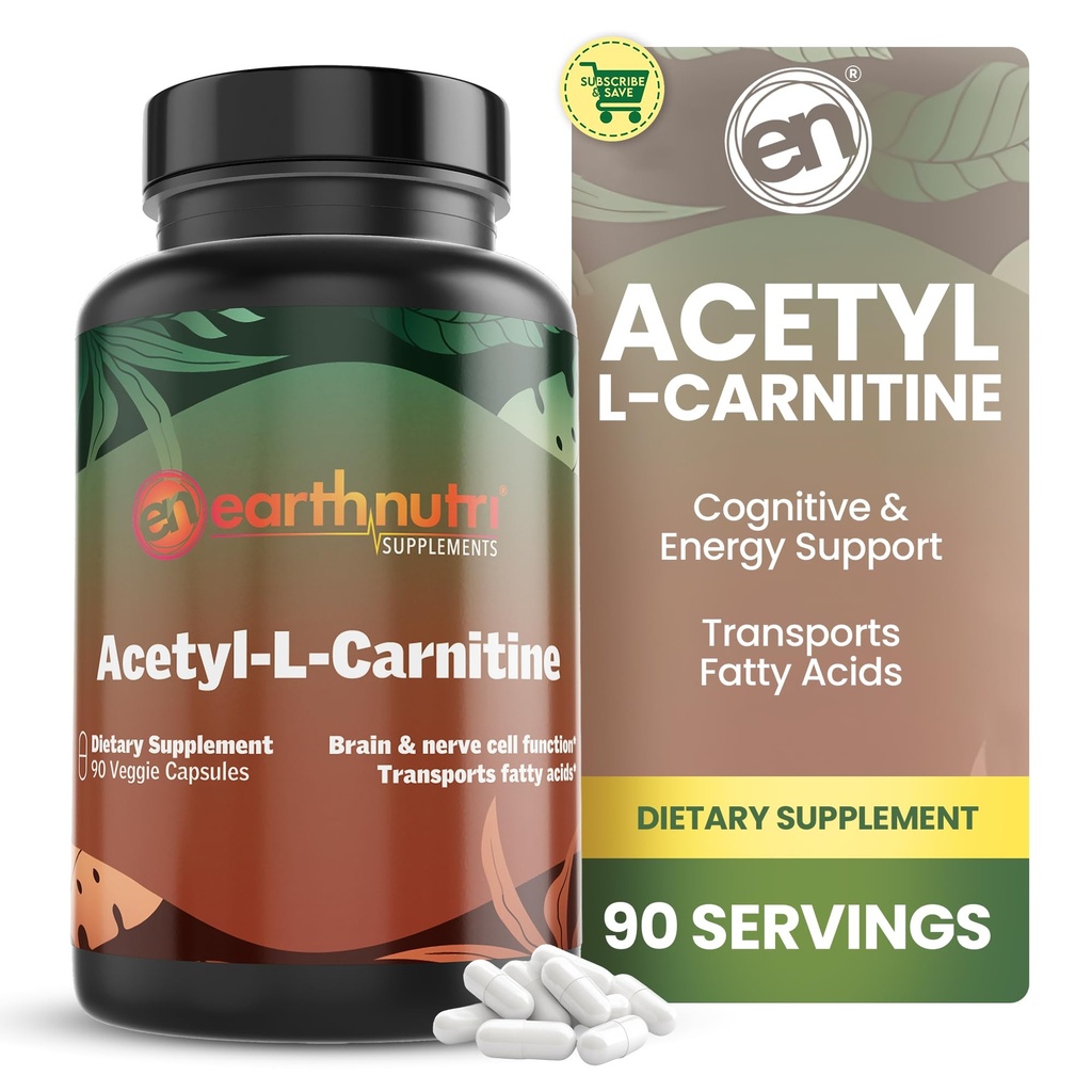 EarthNutri Acetyl-L-Carnitine Capsule – Additive Free, Gluten Free, No Fillers, No Preservatives – Acetyl L-Carnitine Supplement Helps Concentration & Energy – 500mg Por Serving, Unflavored 90 Count