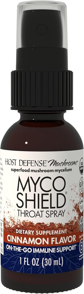 Host Defense MycoShield Throat Spray - Immune Health Support - Dietary Mushroom Supplement with Chaga, Reishi, Turkey Tail & More - On-The-Go Immune Support - Cinnamon Flavor, 1 fl oz (71 Servings)*