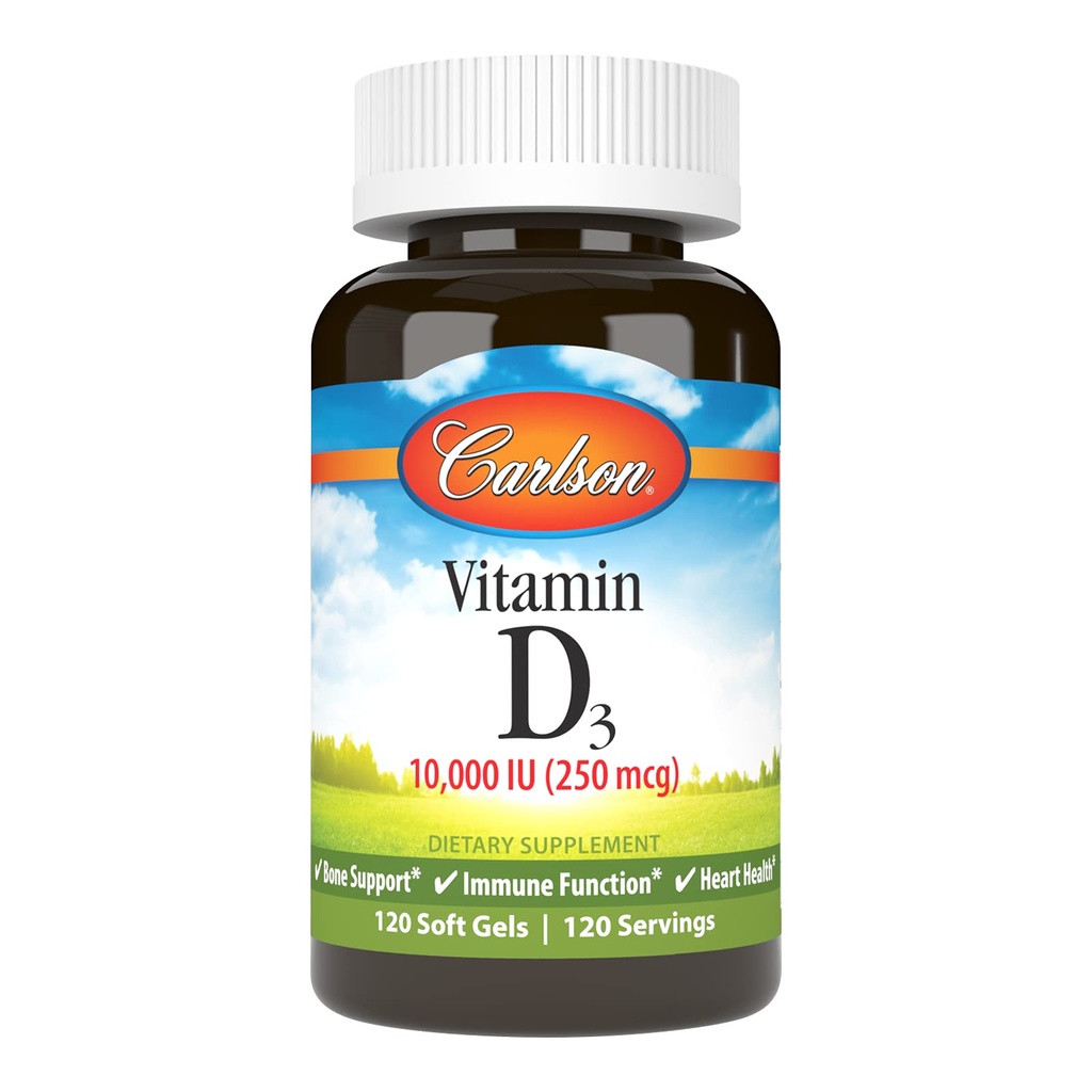 Carlson - Vitamina D3, 10000 UI (250 mcg), Suplementos de Vitamina D, Soporte de Bone &amp; Immune, Vitamina D3 Softgels, Salud del Corazón, Gluten Free Vitamin D Capsules, 120 Softgels