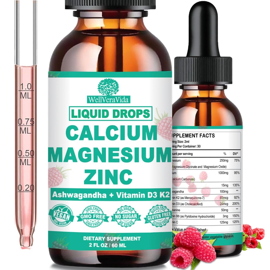 Calcio Magnesio Zinc D3 con calma Magnesio Glycinate Plus Ashwagandha, L-Theanina, Calcio líquido con vitamina D3 y suplemento de magnesio para inmuno, hueso, musculo, humor &amp; sueño