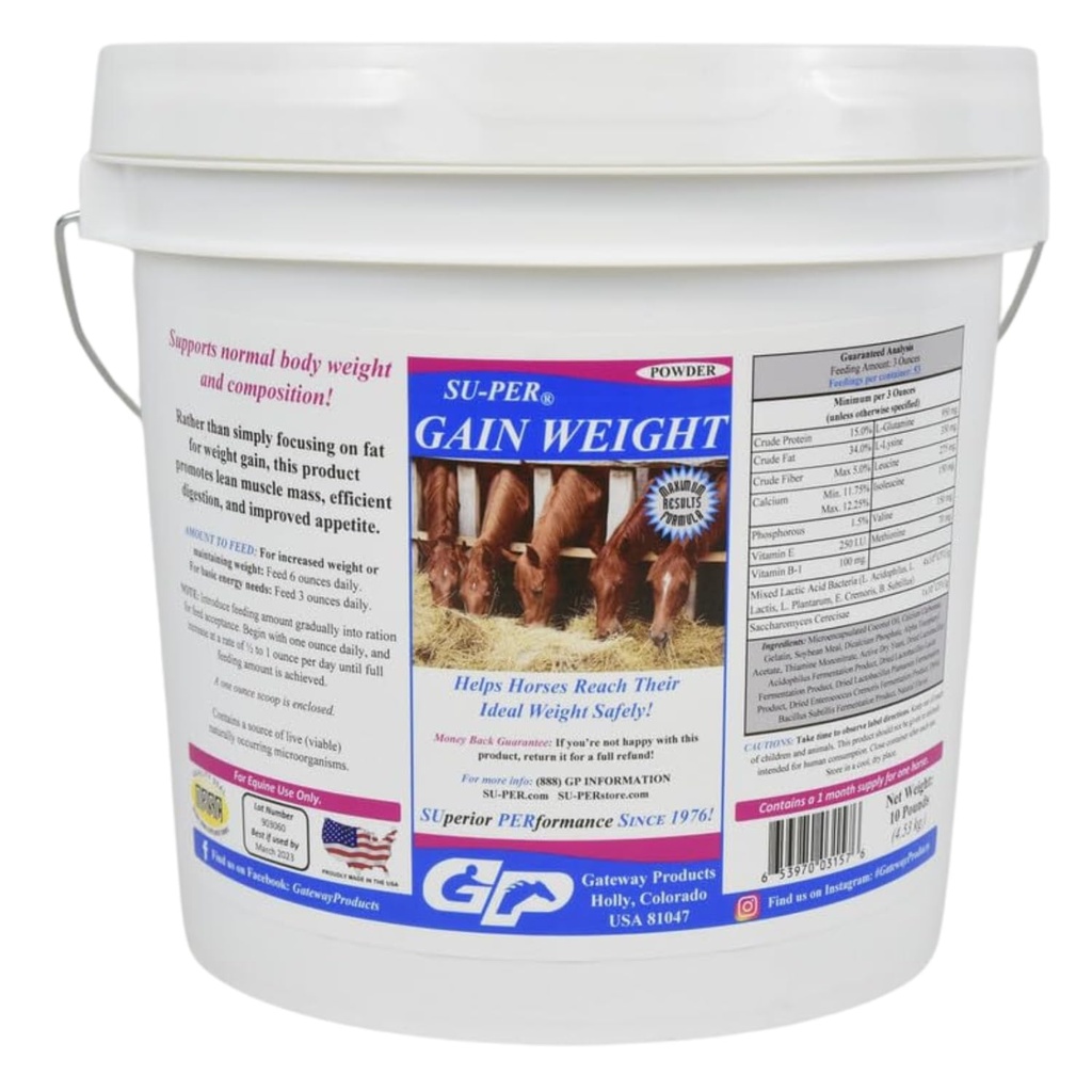 SU-PER Gain Weight for Horses - Equine Supplement Weight Gainer for Horses - Promotes Lean Muscle Mass, Digestion &amp; Appetite - 10 Pound, 1 Month Supply