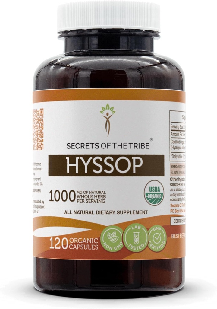Secrets of the Tribe Hyssop USDA Organic Capsules ← Certified Organic Vegetarian Capsules, Herbal Dietary Supplement ← Hyssopus officinalis Dried Herb (120 Conde)