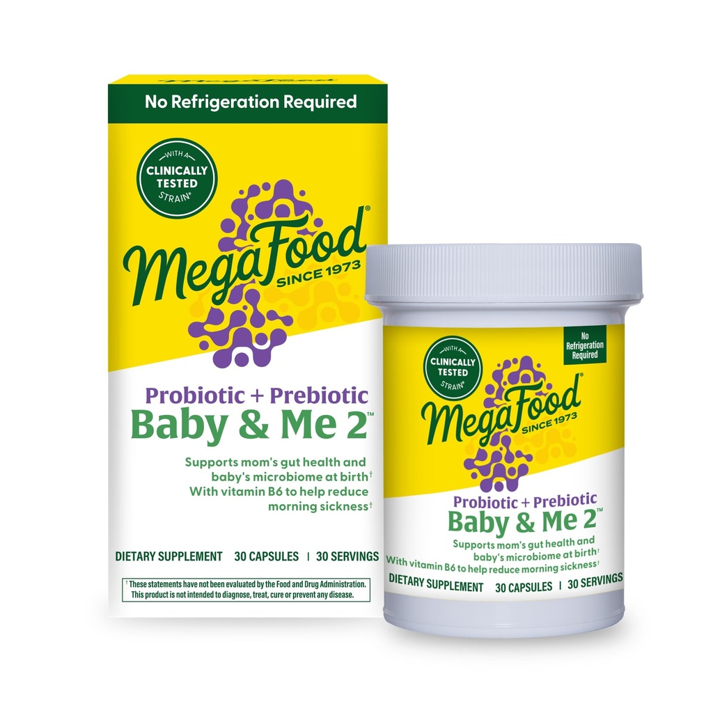 MegaFood Baby &amp; Me 2 Prenatal Probiotic, Vegetarian Pregnancy Prebiotics and Probiotics for Women, Digestive Health & Immune Support with Vitamin B6 for Morning Sickness Relief, 30 Capsules