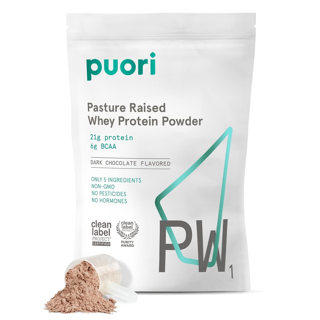 Puori Whey Protein Powder, Chocolate Oscuro - PW1 Pasture-Raised, Grass-Fed Whey Protein Powder Drink Mix containing BCAA Amino Acids - Post-Workout Supplement for Muscle Gain & Recovery - 30 Servings