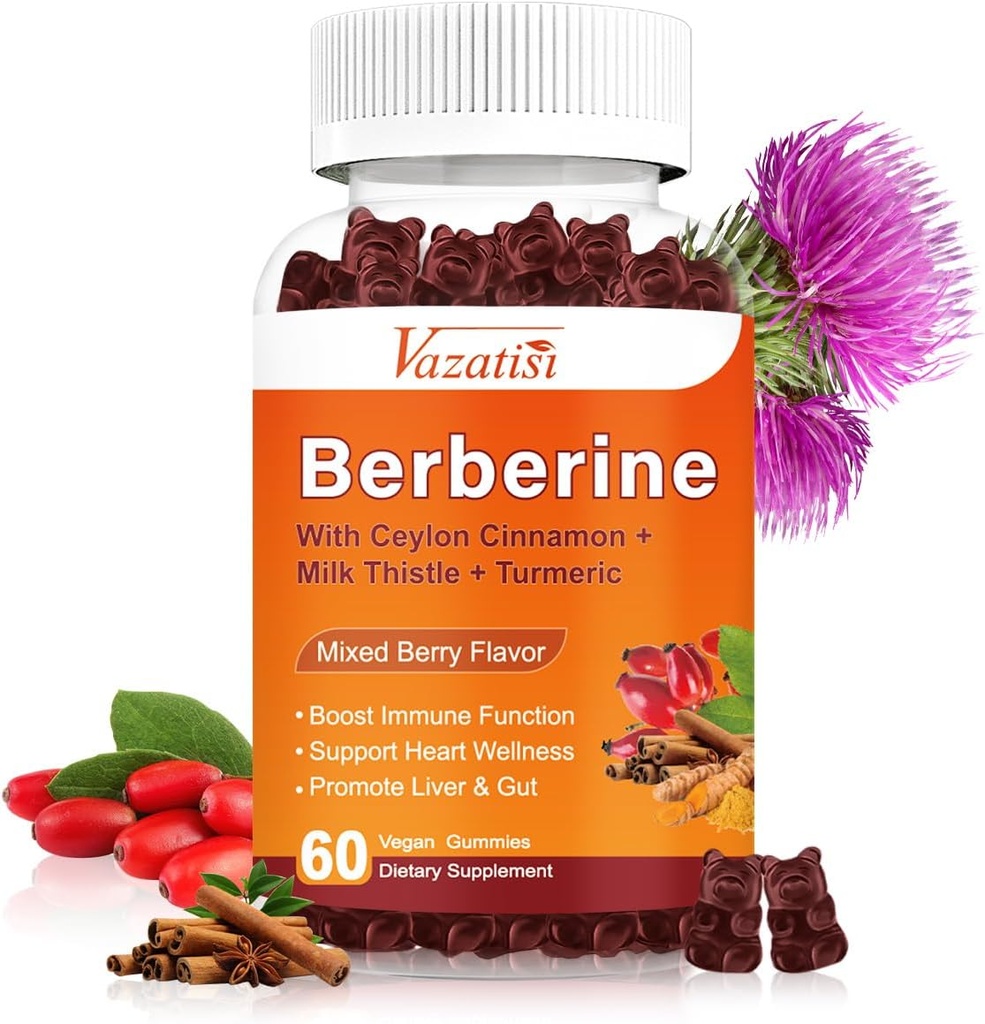 1500mg Berberine Gummies, High Potency Berberine Supplement with Ceylon Cinnamon Gummies, Turmeric, Magnesium, Sugar Gratis, No Gluten-Free - Mixed Berry Flavored 60 Gummies