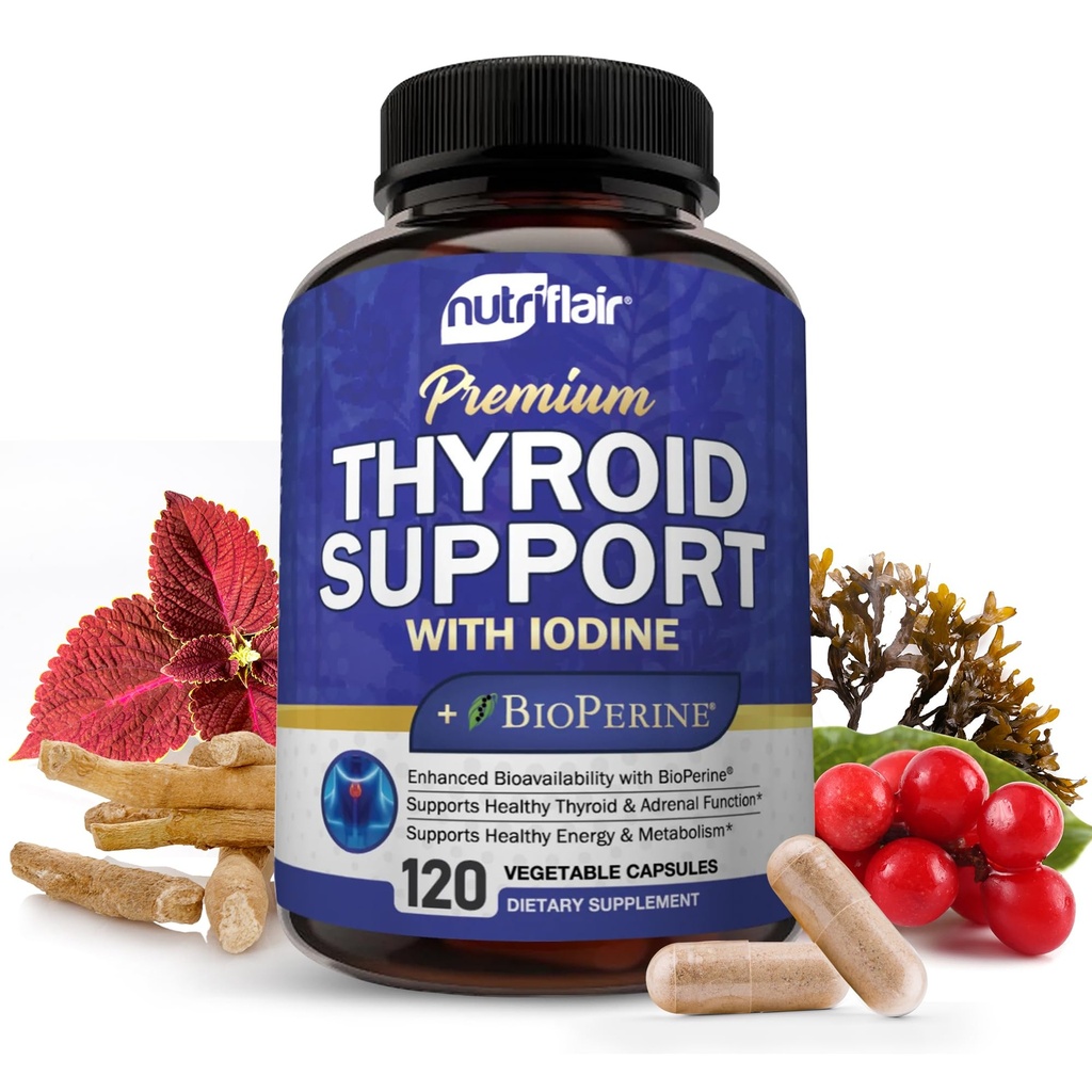 Complejo de soporte para tiroides NutriFlair, 120 cápsulas - con yodo, pimienta negra, Ashwagandha, vitamina B12 - Suplemento tiroides para mujeres y hombres