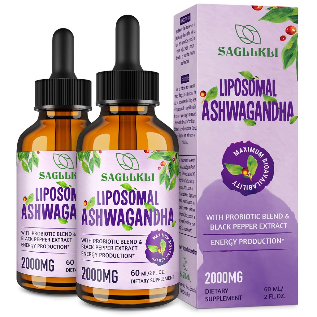 Liposomal Ashwagandha Liquid Drops 2000mg, Ashwagandha Root Extract Supplement (7% Withanolides) with Black Pepper Extract " Probiotics for Focus, Cognition & Energy - 4 FL.OZ (2 Bottle)