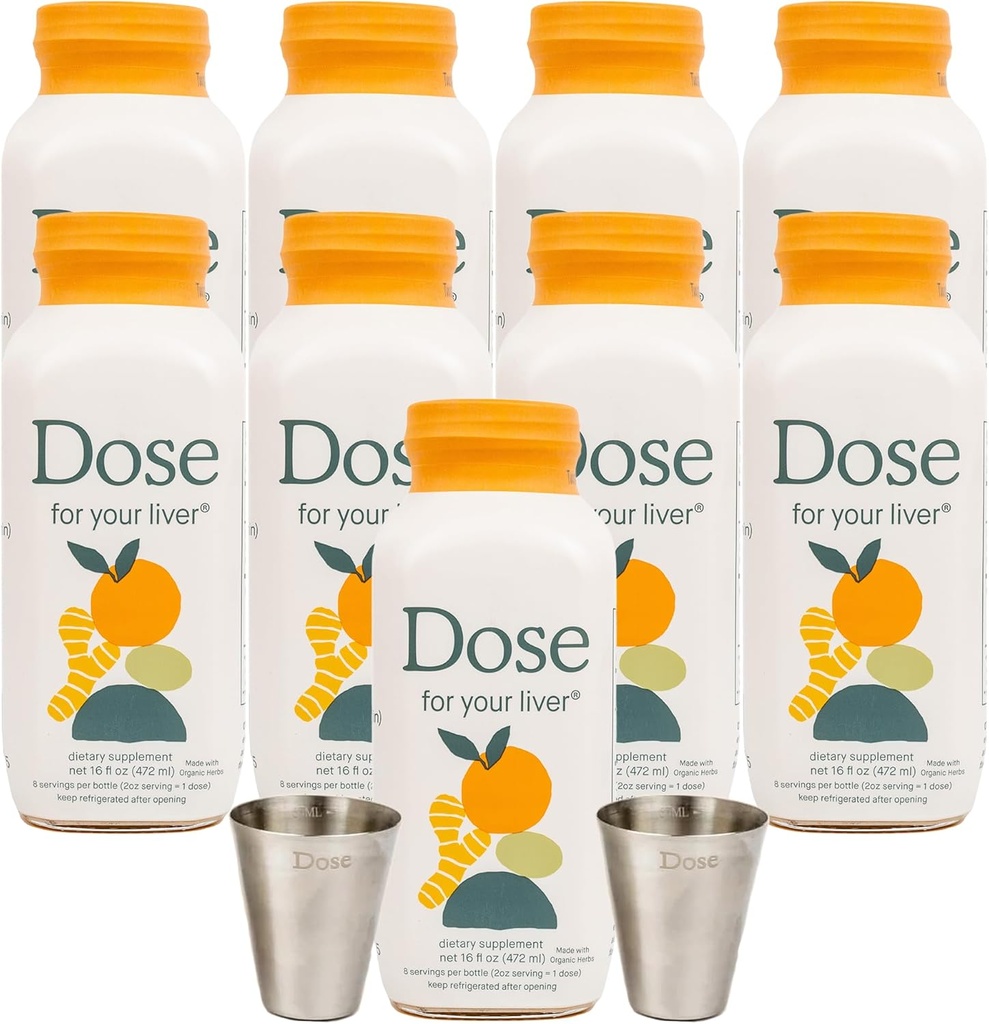 DOSE for Your Liver Support Supplement Shot vidas Non GMO, Vegan, Gluten Free, Kosher Pareve peru 16oz (9 Bottles) & 2oz Shot Glass (2 Glasses)