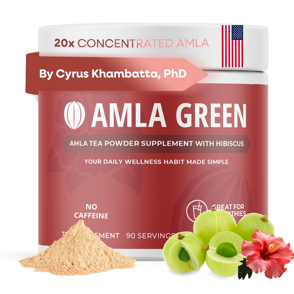 Amla Powder " Green Tea Superfood Supplement with Hibiscus, 20x Ultra Concentrated Amla, Antioxidant Support, Made with Oolong Tea and Indian Gooseberries, Organic, Vegan, Hibiscus, 90 Servings