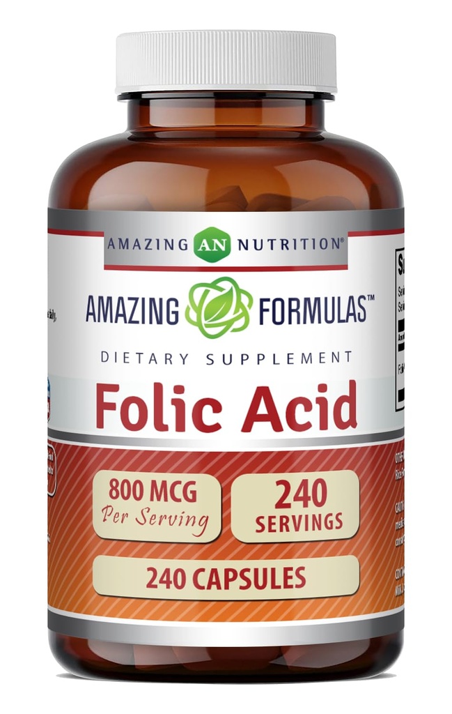 Amazing Formulas Folic Acid (Vitamin B9) 800 Mcg Suplemento TENIDO Cápsulas TENIDO No-OMG ANTE Gluten-Free TEN Made in USA (1 Pack TEN 240 Count)