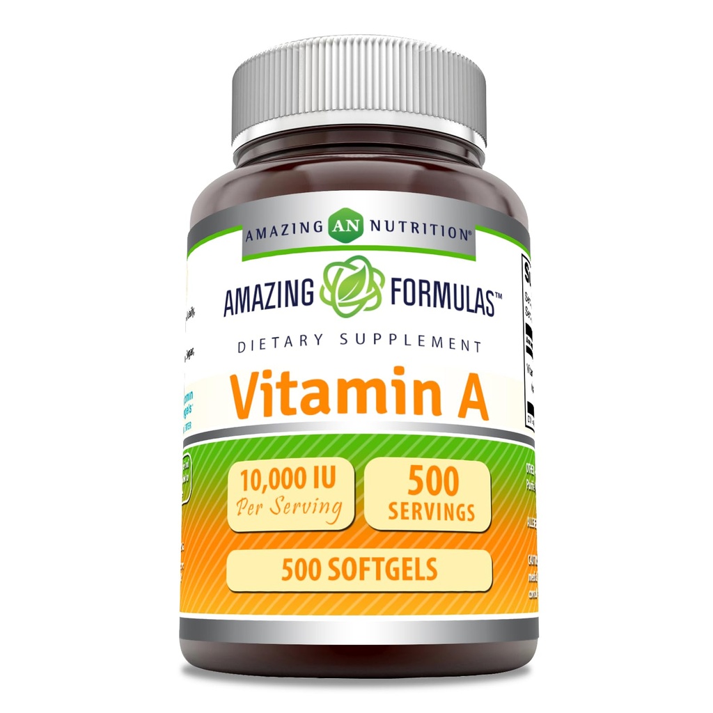 Fórmulas asombrosas Vitamina A 10000 UI Suplemento TENIDO como Retinyl Palmitate TEN 3000 Mcg Silencio Softgels TENIDO NO-GMO ANTE Gluten Free TEN Made in USA (1 Pack, 500 Count)