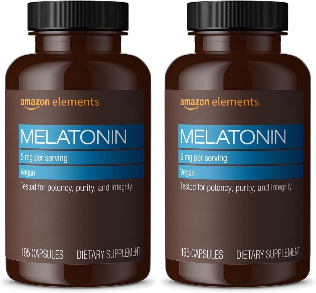 Elementos - Melatonina 5mg Cápsulas, Ayudas con insomnio ocasional, Vegan, Desarrollado, 195 Cuenta (Pack of 2), 6 Mes de Suministro (Packaging May Vary)