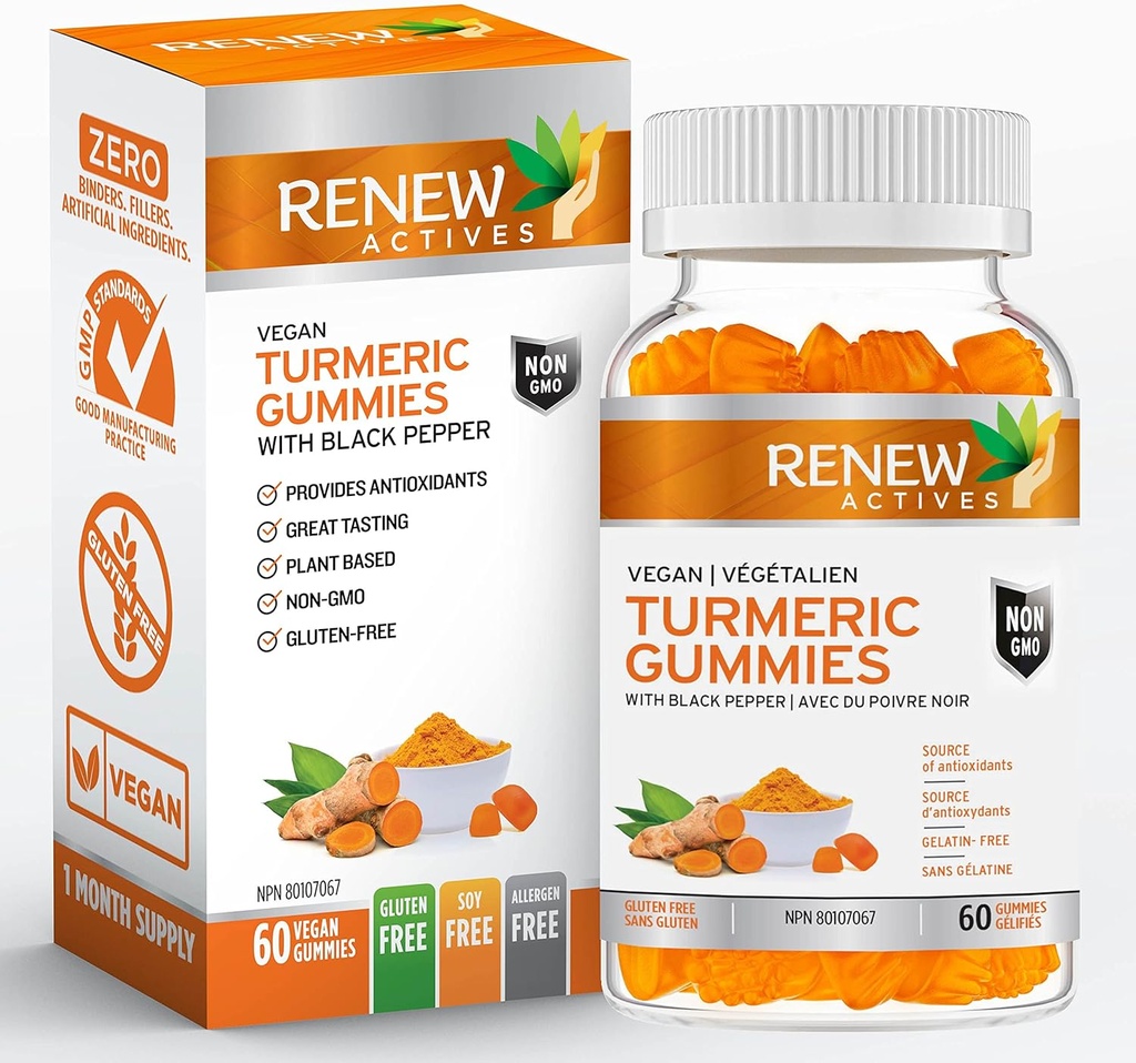 ACTIVES Vegan Turmeric 130MG per 2 Gummies with Black Pepper for Enhanced Absorption – Antioxidant Support & Immune Health – Great Tasting, Easy-to-Swallow Supplement, Made in Canada– 60 Gummies