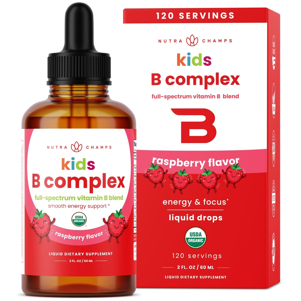 NutraChamps Complejo de vitamina B para niños, B1, B2, B3, B6, B7, B9 &amp; Methyl B12, Kids B Complex Liquid Drops Suplemento, Energía, Focus, Metabolismo, Berry natural, 120 Servings, 4 Month Supply
