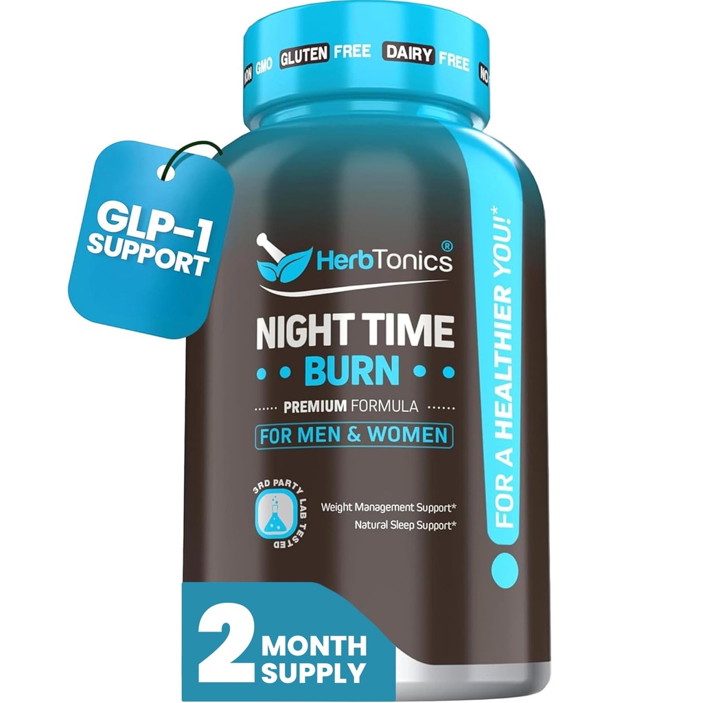 Herbtonics Night Time Burn & Sleep Complex apoya el metabolismo nocturno, el alivio del estrés y el sueño profundo. Incluye Melatonin, Valerian y Green Tea – Vegan Bedtime Weight Management (60 Capsules)