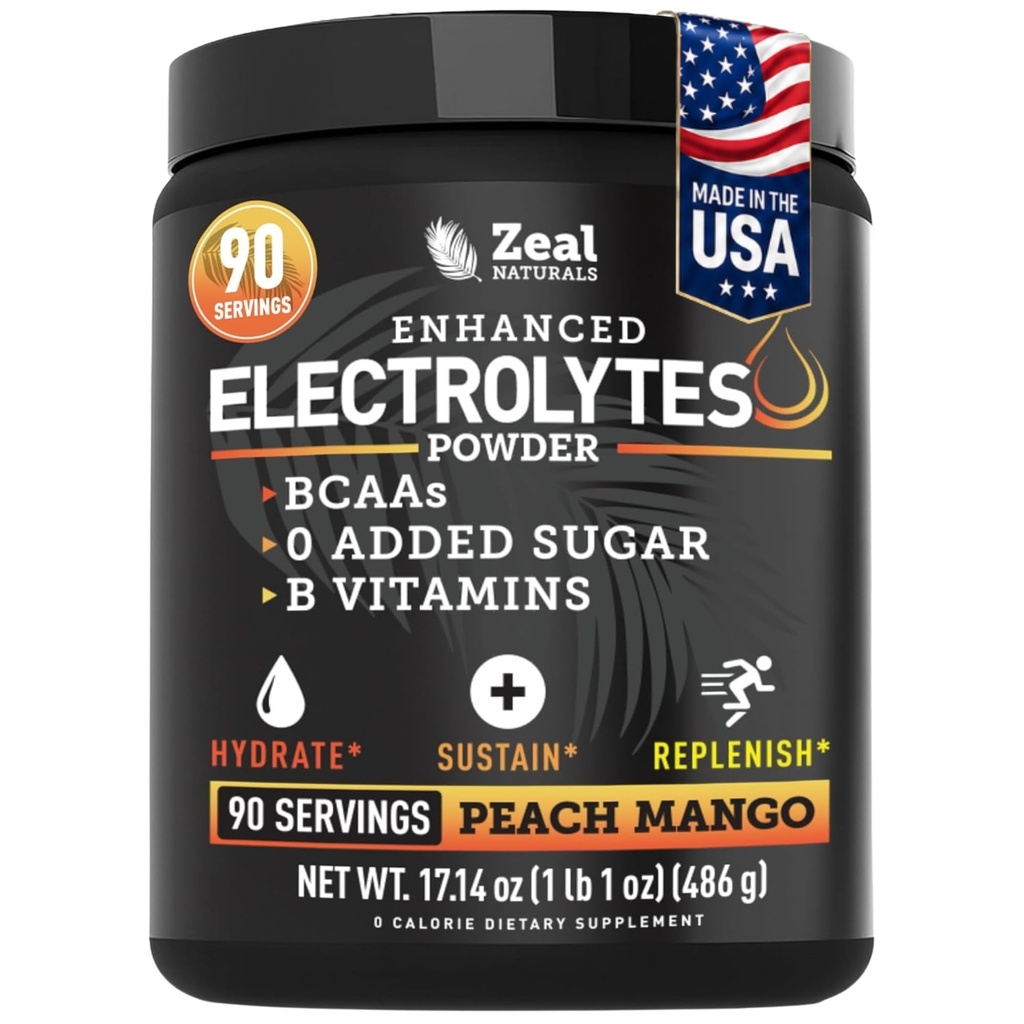 Zeal Naturals Electrolyte Powder Recovery Drink (90 Servings ← Peach Mango) w 0 Sugar +BCAAs +B-Vitamins Electrolyte Suplemento w Potassium Zinc &amp; Magnesium for Hydration - Keto Electrolytes