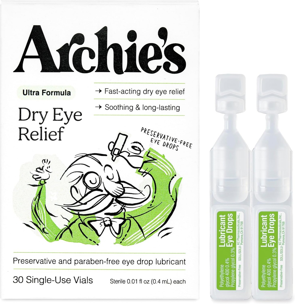 Remedios de Archie, Alivio Ojo seco, Gotas Oculares Ultra Lubricantes, Fórmula Limpia y Viales Libres de Preservativos, Único Uso, para Irritación y Ojos Rojos, Lágrimas Naturales, 30 Conde