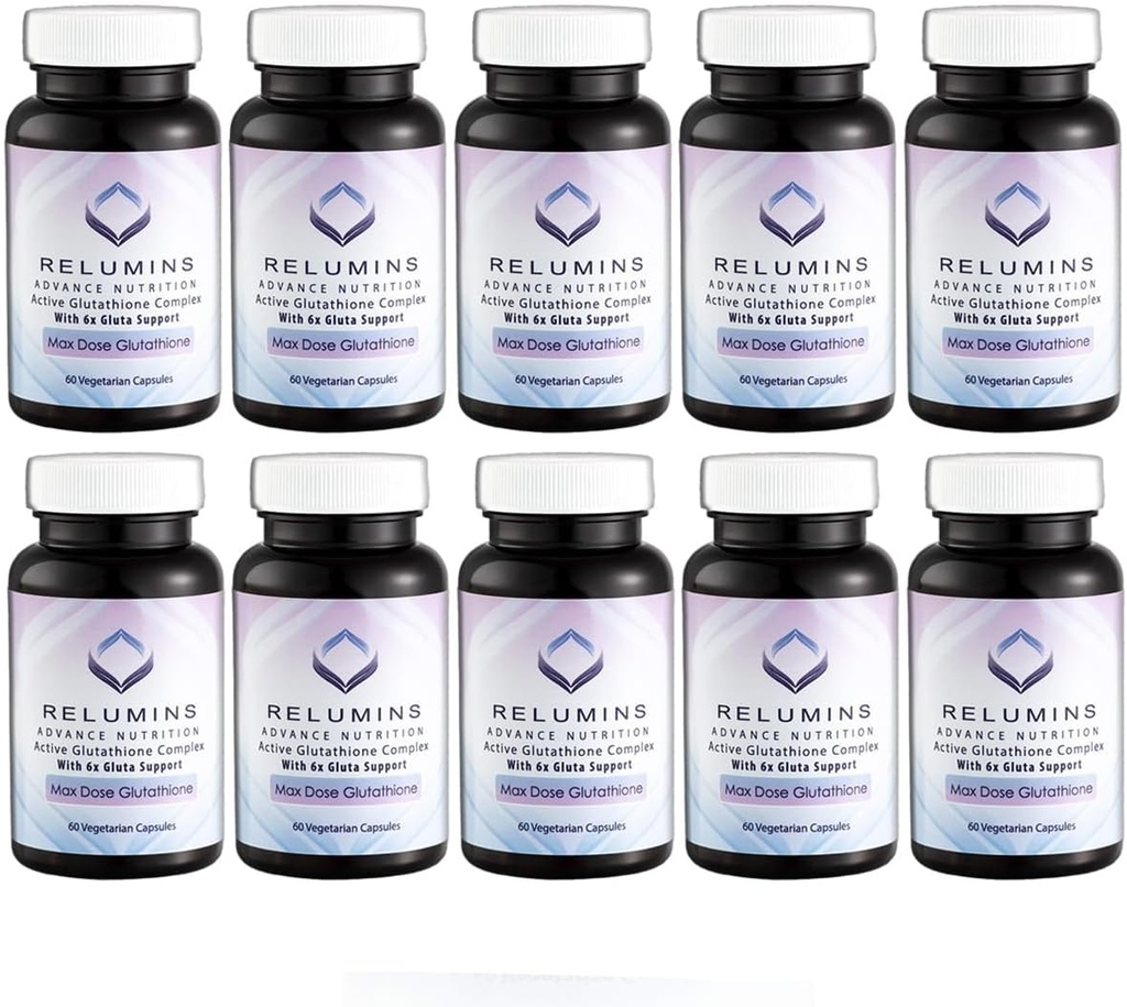 Relumins Advance White Active Glutathione Complex - Max Dose 900mg Glutathione con 6X Boosters, ALA & NAC - Anti-Aging Skin Suplemento - 60 caps x 10 Botellas