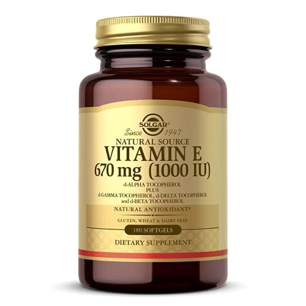 Solgar Vitamina E 670 mg (1000 UI), 180 Softgels - Antioxidante natural, Skin &amp; Immune System Support - Vitamina E naturalmente nutrida, libre de lácteos - 180 Servimientos