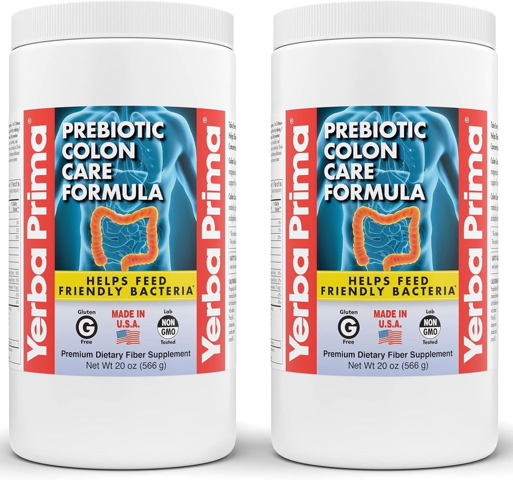 Yerba Prima Prebiotic Colon Care Fórmula, 20 oz Powder (Pack of 2) con FOS - Natural Psyllium Fiber, Magnesium, Selenium - Non-GMO, Gluten Free, Vegan Daily Supplement - para Hombres &amp; Mujeres