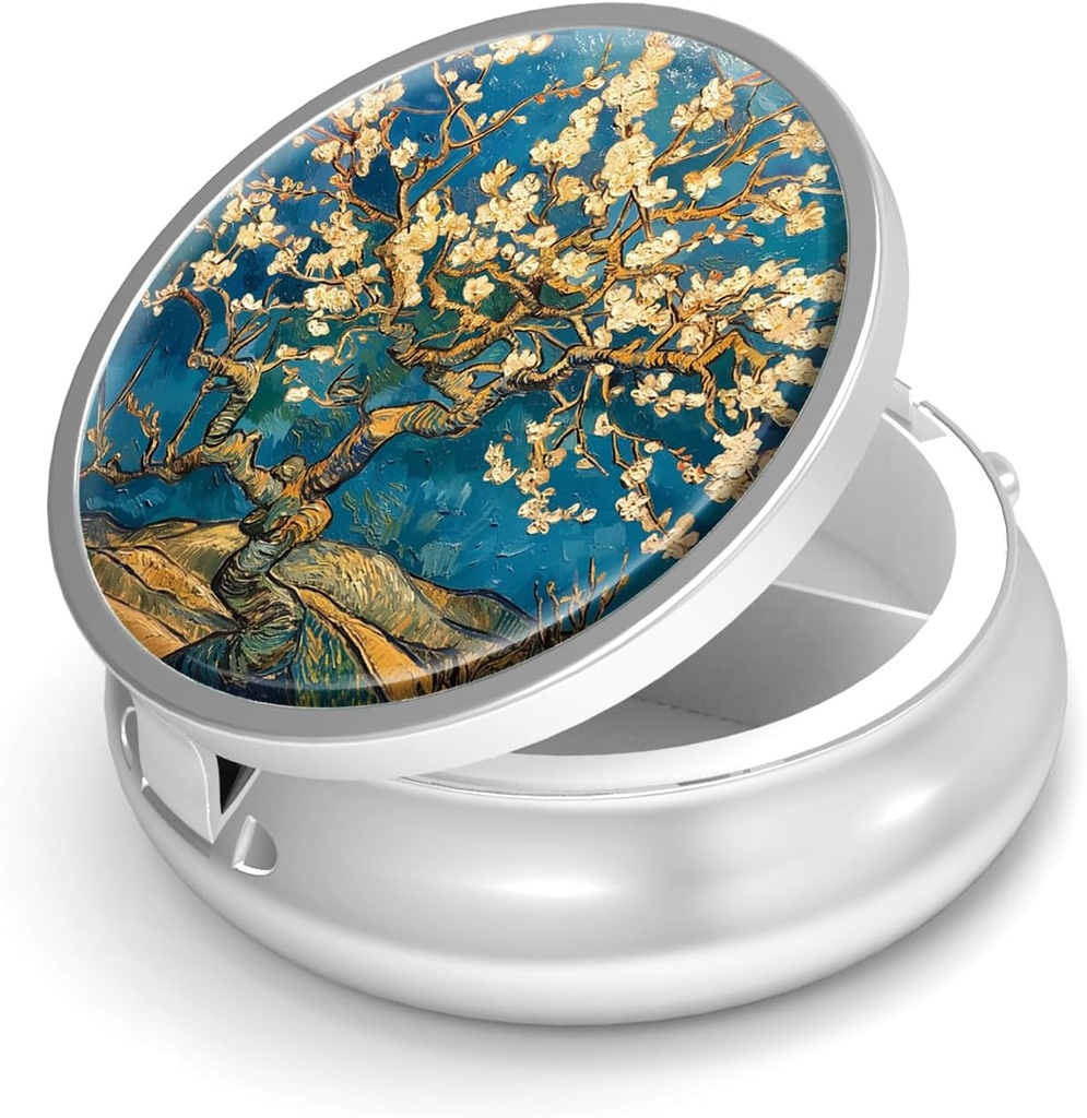 Pill Box-3 Compartment Small Pill Case for Purse &amp; Pocket Mini Metal Pill Holder Travel Pill Container to Hold Supplements Vitamins BPA-Free (Almond Blossom-Van Gogh)