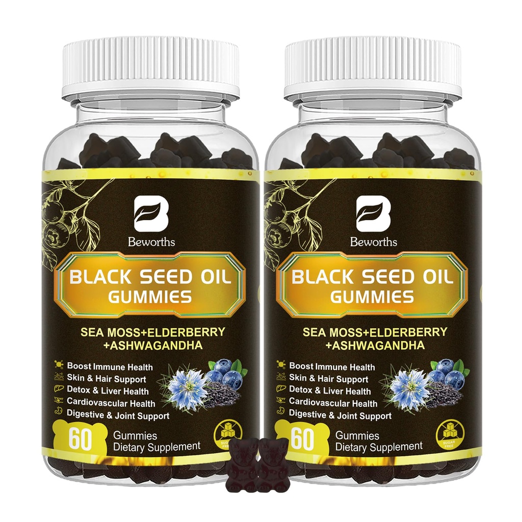Black Seed Oil & Sea Moss Gummies, 2Pack Irish Sea Moss Gummies with Black Seed Oil, Ashwagandha Extract, Elderberry, Turmeric, Vitamina C, Vitamina D3 - Immune Support, Joints, Digestion, Hair & Skin