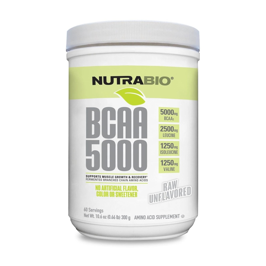 NutraBio BCAA 5000 Polvo - Aminoácidos ramificados fermentados para el crecimiento muscular &amp; recuperación - Sabores naturales, endulzantes y para colorear, Vegan, Gluten Libre - Desenflavorado, 60 Servimientos