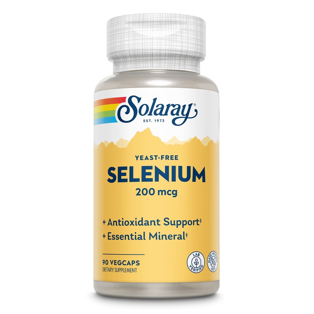 Levadura Solaray libre de selenio 200mcg, cápsulas de selenio para la función tiroidea saludable & soporte inmunológico, suplemento de alta absorción, vegano, 90 piezas, 90 VegCaps