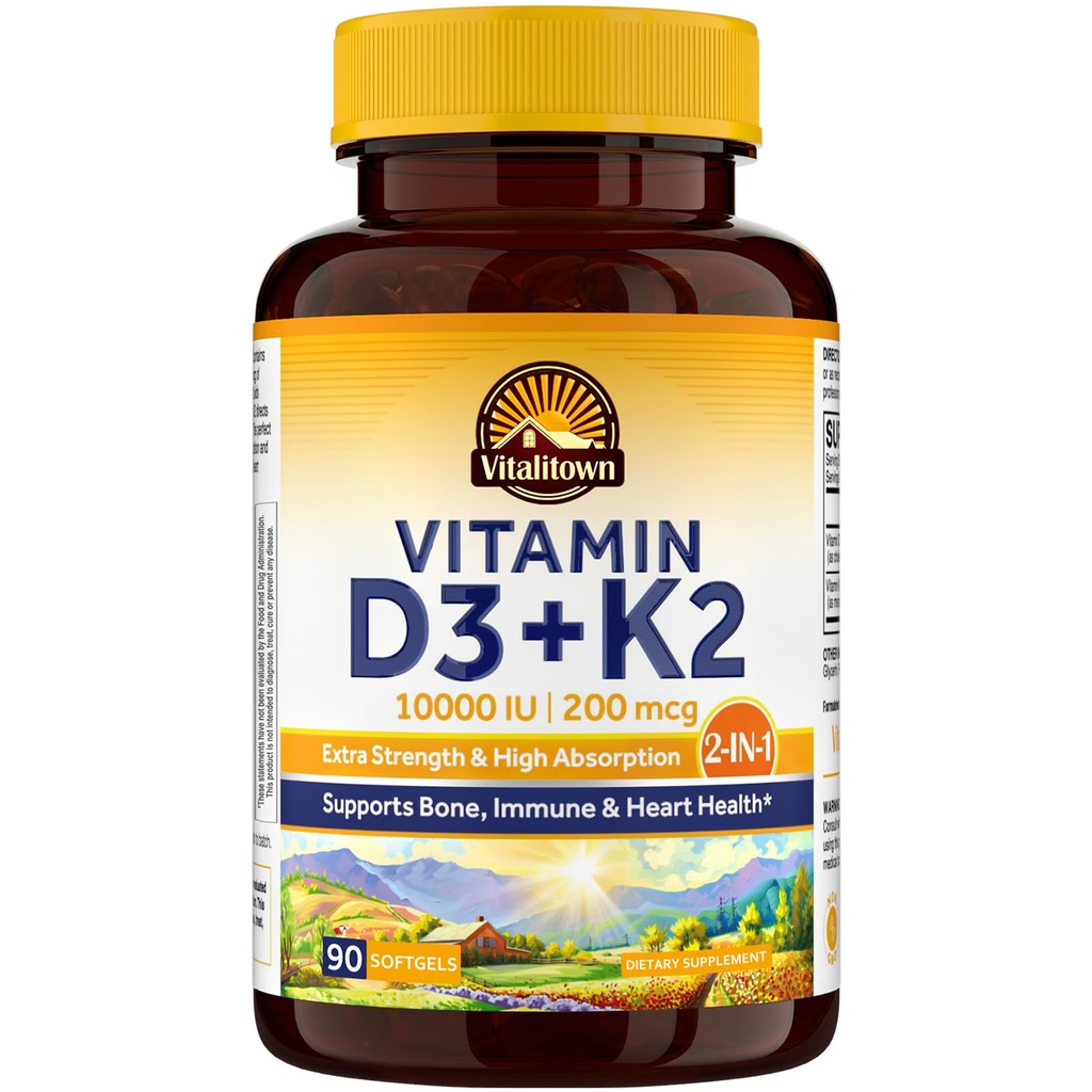Vitalitown Vitamina D3 K2 Suplemento, Vitamina D3 10000 UI Vitamina K2 (MK7) 200 mcg, 90 Softgels, No GMO, No Gluten &amp; Soy, para el hueso, dientes, inmune &amp; Heart Health