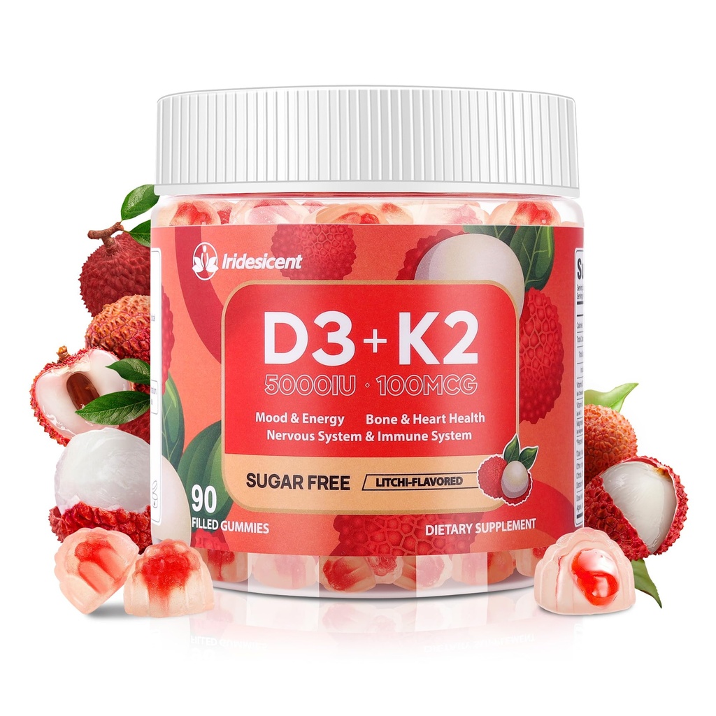Vitamina D3 K2 Gummies w/Magnesium Sugar Gratis - 90 Conde Ø D3 Vitamina 5,000 UI + K2(MK-7) 100 mcg - Vegan K2 D3 Suplemento de vitaminas, Altamente Absorbentes Soportes Hueso, Musculo, Mood &amp; Immune(Lychee Flavor)