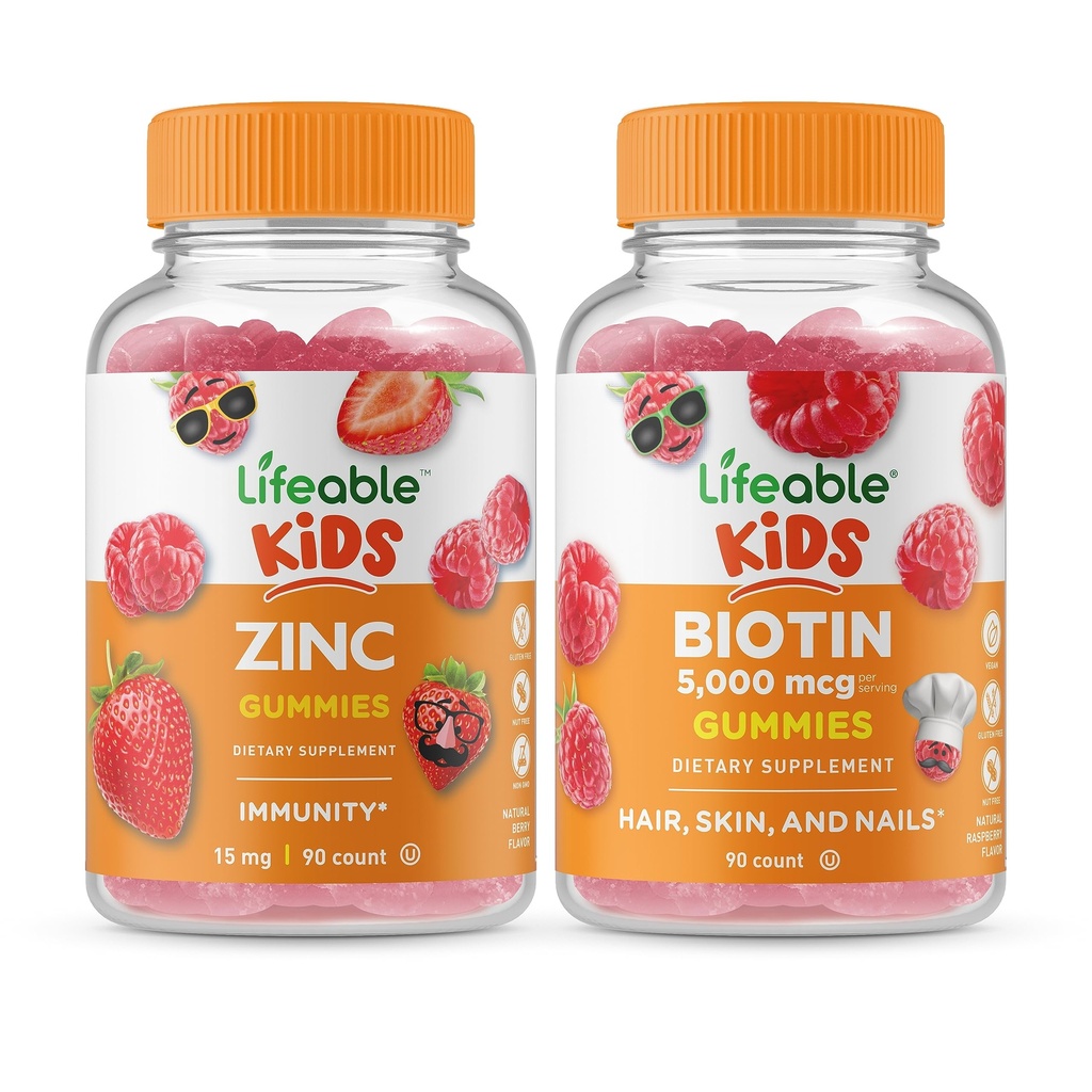 Niños Zinc Lifeable + Biotin Kids, Gummies Bundle - Gran Tasting, Suplemento de vitaminas, Gluten Gratis, GMO Gratis, Chewable Gummy