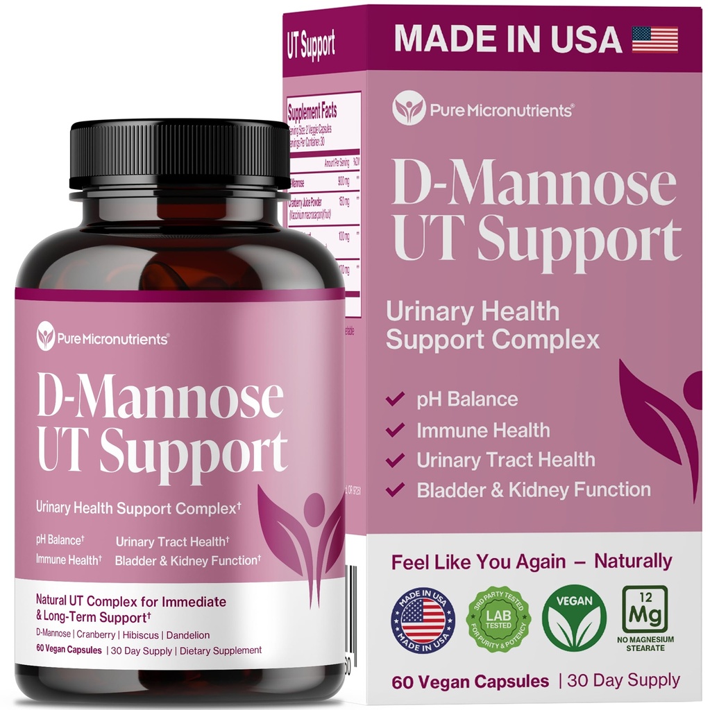 Pure D Mannose Capsules 1000mg Por Serve - Actuación rápida UTI Support - Urinary Tract Cleanse &amp; Bladder Health - Cranberry, D-Mannose, Dandelion, Hibiscus Flower - 60 Veggie Caps