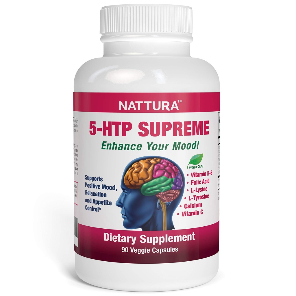 Nattura 5-HTP Supremo - para el Control Positivo de Mood, Relajación y Appetite - con 5-HTP, L-Tyrosina, L-Lysine, Vitamina B6, Folate (Acid Alilico), Vitamina C (Acid acúbico), Calcio - 90 cápsulas