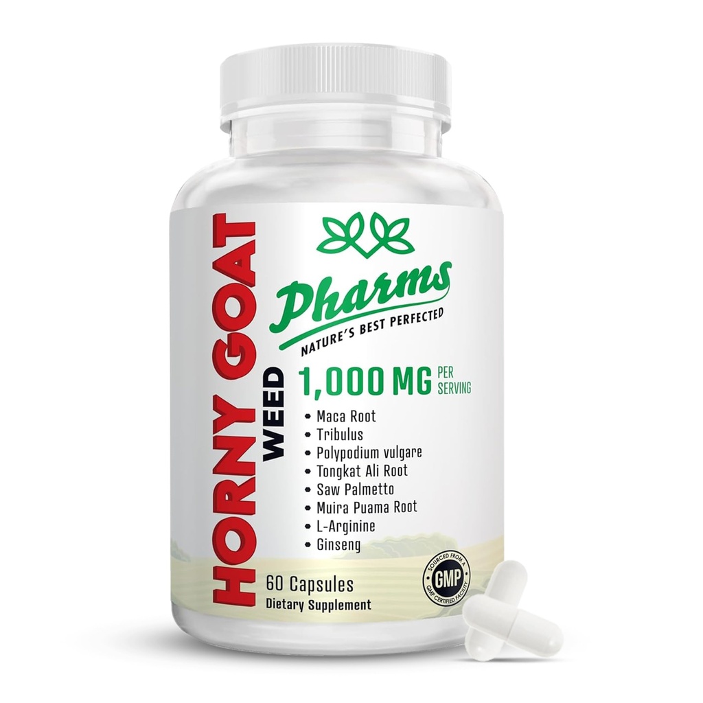 PHARMS Hornygoatweed for Men " Women (1,000 mg) - Energy " Stamina Capsules with Maca Root, Tribulus, Tongkat Ali, Saw Palmetto " Ginseng - Female " Male Performance Enhancing Suplemento - 60 cápsulas