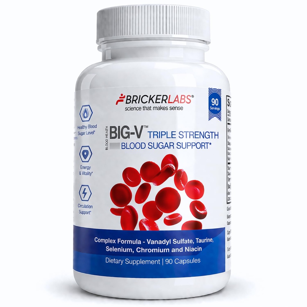 Bricker Labs Big-V Triple Strength Vanadyl Suplemento: Vanadyl Sulfate 30 mg, Taurine 600 mg, Selenium, Chromium y Niacin, Blended Mineral Supplement Capsules 90 ct