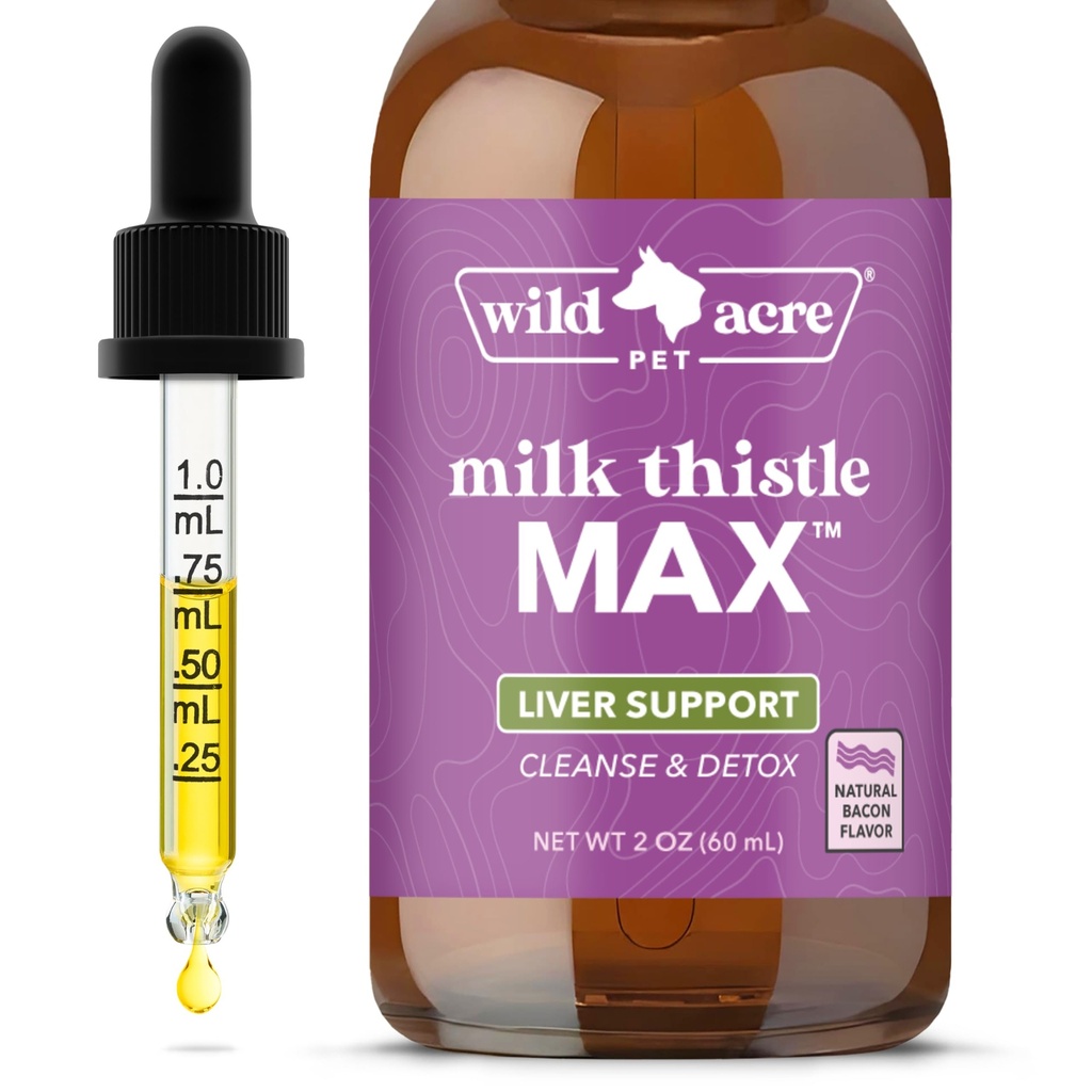 Wild Acre Milk Thistle for Dogs - Max Strength Liver Support, Cleanse & Detox - Natural Bacon Flavor - Simplemente Añadir a Comida - Picky Pup Aprobado, 2 oz (60mL)