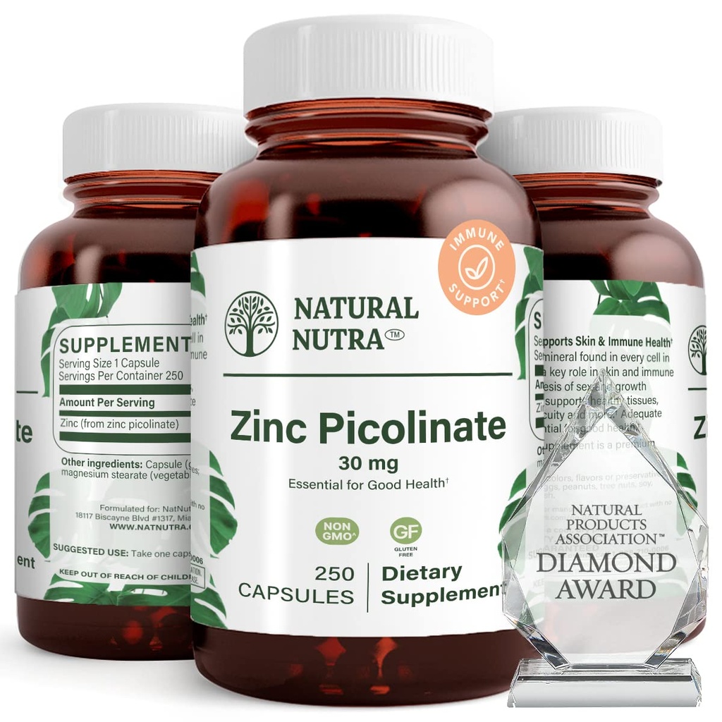 Natural Nutra Zinc Picolinate 30 mg, doble fuerza, crudo y puro, suplemento altamente biodisponible para el crecimiento y el apoyo a los inmunes, ayuda a apoyar el sistema metabólico, disminuir el colon común 250 cápsulas