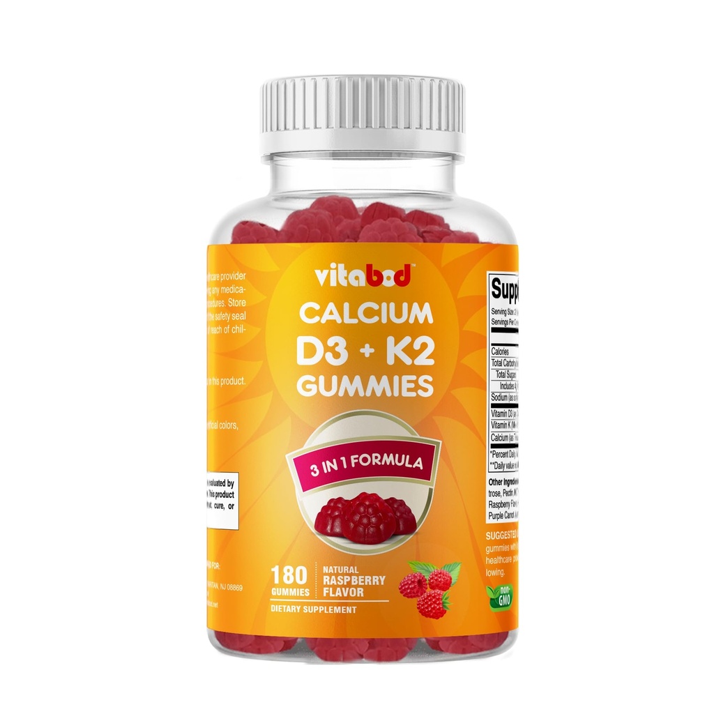 Vitamina D3 + K2 Gummies – Bone & Heart Health Support – 180 Pectin-Based Vegan Gummies