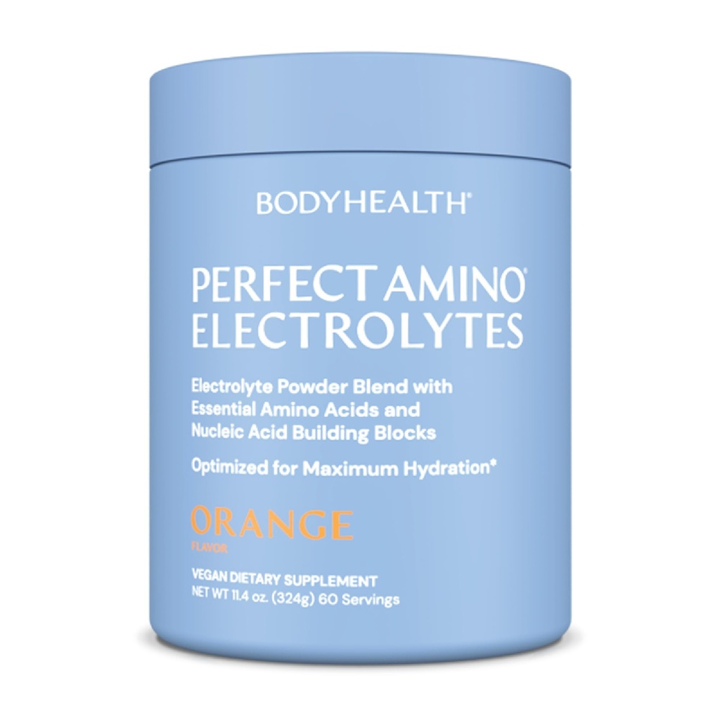 BodyHealth PerfectAmino Electrolytes Polvo No Azúcar, Keto Sugar Electrolitos de ayuno gratis Bebida Mix, Hidratación Polvo con Minerales Trace - Naranja - 60 Servimientos