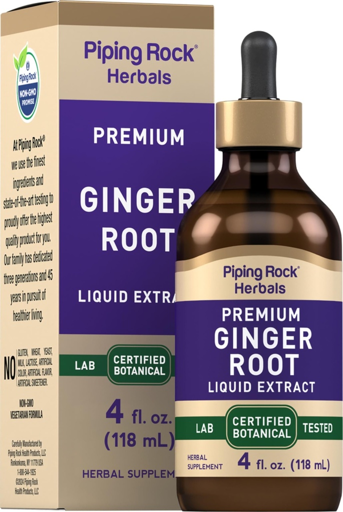 Piping Rock Ginger Root Extract Liquid Silencio 4 fl oz ← Premium Tincture Drops ← Certified Botanical Supplement ← Non-GMO, Gluten Free