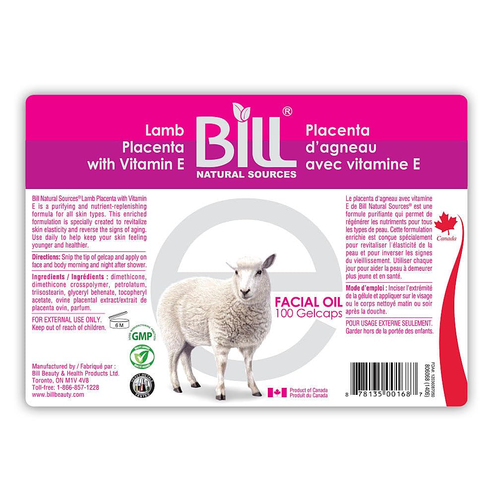 Bill Natural Sources Lamb Placenta with Vitamin E, 100 Gelcaps - rejuvenece las células de la piel aburridas y revitaliza la elasticidad de las células de la piel