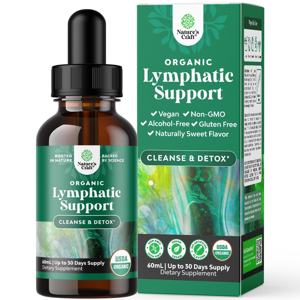 Certified Organic Lymphatic Drainage Drops - Herbal Limphatic Cleanse and Immune Support Suplemento con Echinacea Goldenseal &amp; Red Clover Extracto - Vegan Non GMO Alcohol y azúcar Gratis - 30 Servings