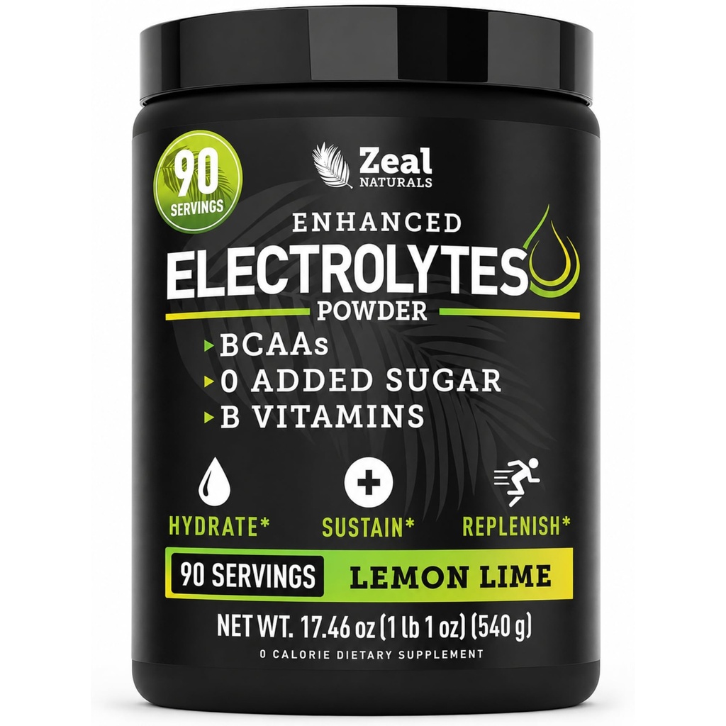Zeal Naturals Electrolyte Powder Recovery Drink (90 Servings ← Lemon Lime) w 0 Sugar +BCAAs +B-Vitamins Electrolyte Suplemento w Potassium Zinc &amp; Magnesium for Hydration - Keto Electrolytes
