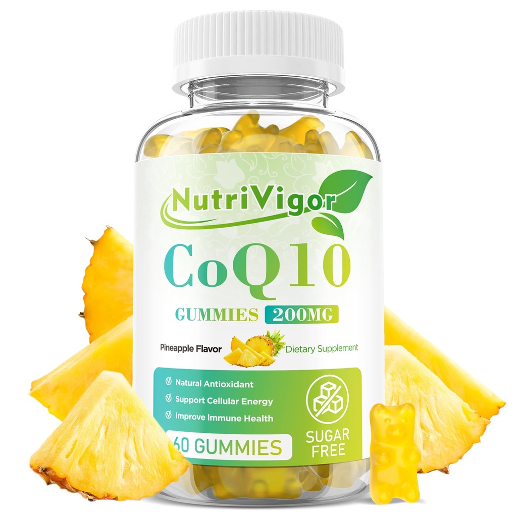 CoQ10 Gummies, Coenzyme Q10 Suplemento 200 mg, High Absorption CoQ10 Suplemento para Energía Celular y Salud Inmune, Vegan, Gluten Free, Pineapple Flavor, 60 Conde