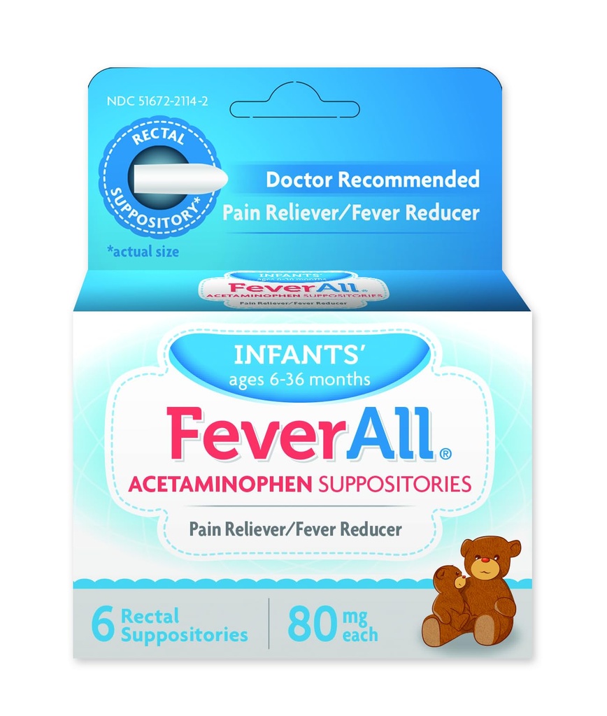 Feverall Infant Acetaminophen Suppositories 6 Rectal Suppositories 80mg Cada Doin Reliever/Fever Reducer. Paraben Free, No Artificial Colors u otros conservantes. Edades de 6 a 36 meses